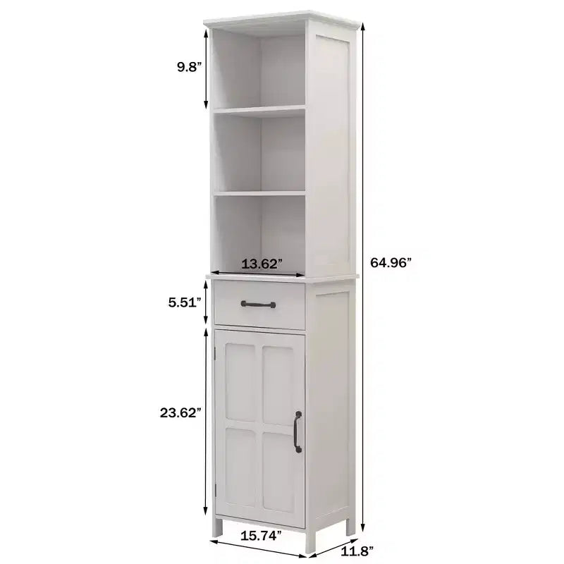 Meuble de salle de bain haut avec étagères réglables et étagères ouvertes, meuble de rangement fin sur pied avec 1 porte et 1 tiroir, meuble étroit blanc