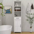 Meuble de salle de bain haut avec étagères réglables et étagères ouvertes, meuble de rangement fin sur pied avec 1 porte et 1 tiroir, meuble étroit blanc