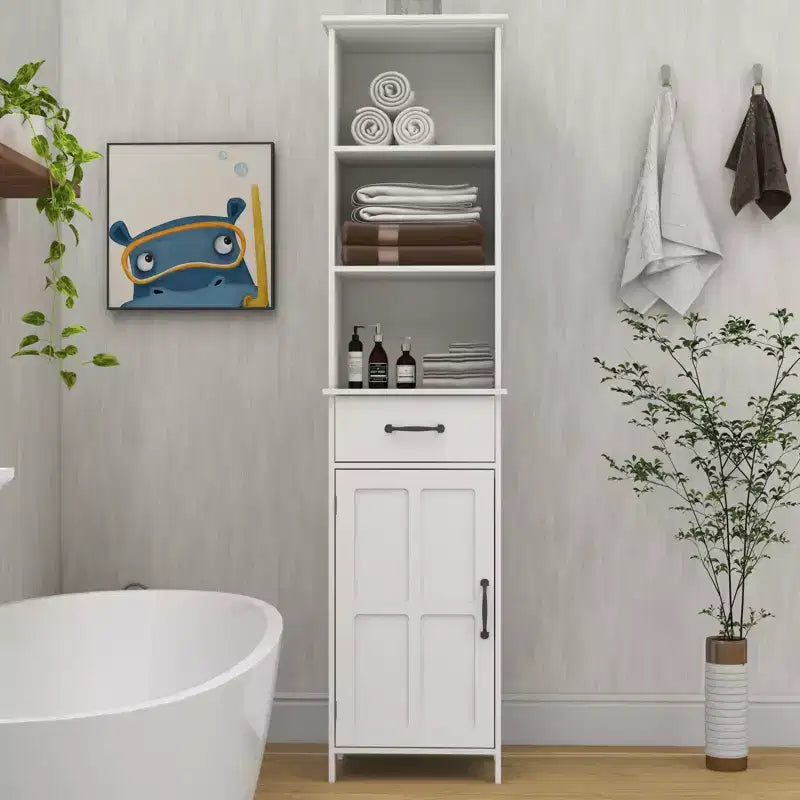 Meuble de salle de bain haut avec étagères réglables et étagères ouvertes, meuble de rangement fin sur pied avec 1 porte et 1 tiroir, meuble étroit blanc