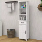 Meuble de salle de bain haut avec étagères réglables et étagères ouvertes, meuble de rangement fin sur pied avec 1 porte et 1 tiroir, meuble étroit blanc