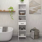 Meuble de salle de bain haut avec étagères réglables et étagères ouvertes, meuble de rangement fin sur pied avec 1 porte et 1 tiroir, meuble étroit blanc