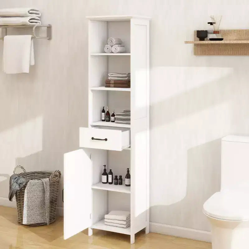 Meuble de salle de bain haut avec étagères réglables et étagères ouvertes, meuble de rangement fin sur pied avec 1 porte et 1 tiroir, meuble étroit blanc