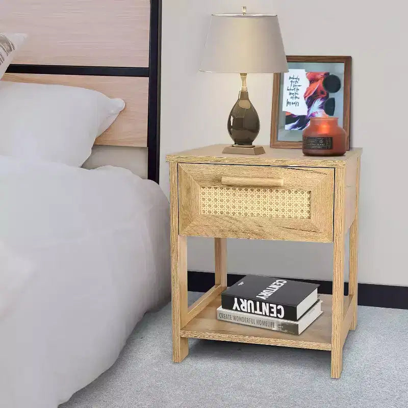 Tables de chevet lot de 2, petite commode de rangement moderne en rotin avec 2 tiroirs et 2 étagères de rangement ouvertes, table d'appoint de chevet pour chambre à coucher