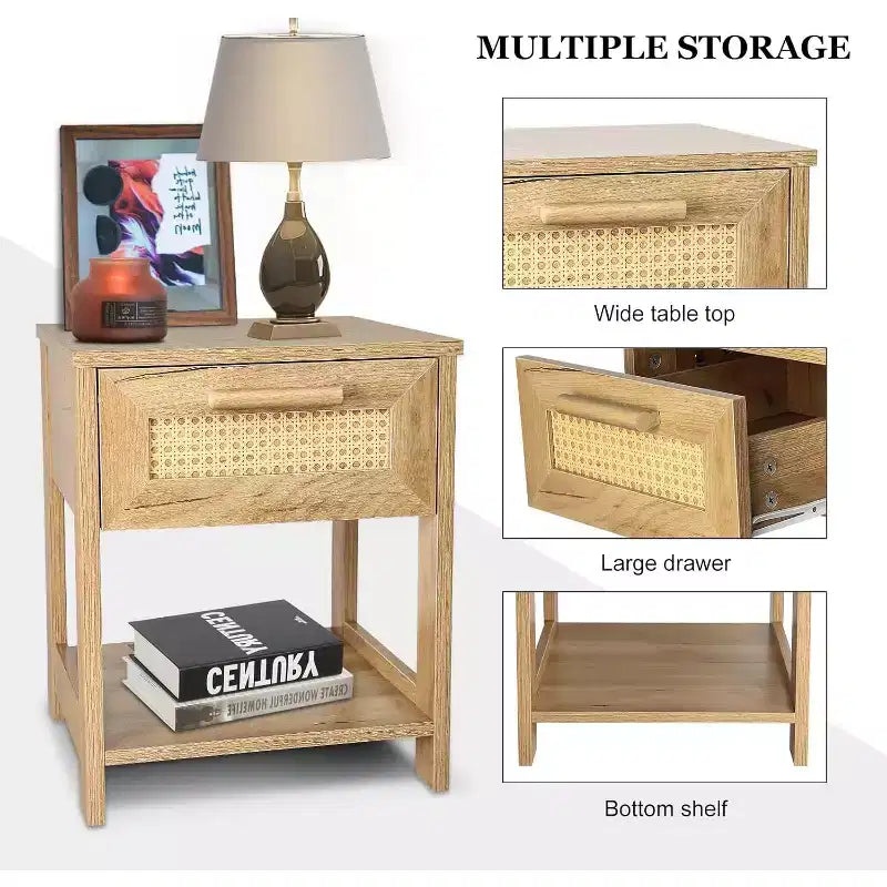 Tables de chevet lot de 2, petite commode de rangement moderne en rotin avec 2 tiroirs et 2 étagères de rangement ouvertes, table d'appoint de chevet pour chambre à coucher