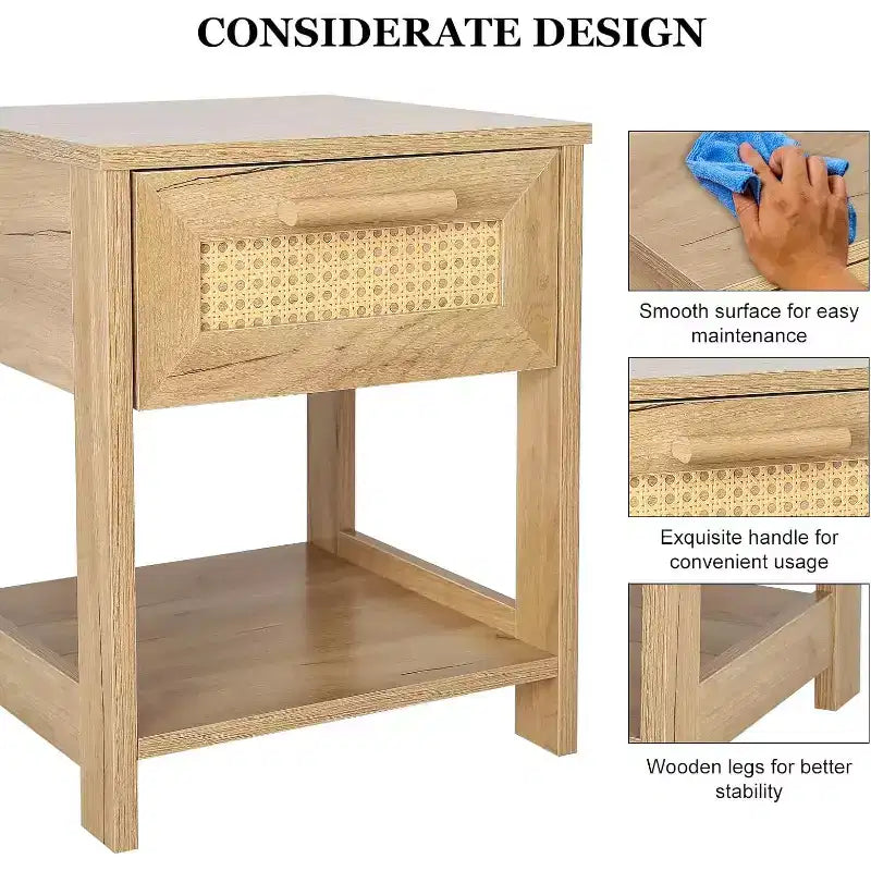 Tables de chevet lot de 2, petite commode de rangement moderne en rotin avec 2 tiroirs et 2 étagères de rangement ouvertes, table d'appoint de chevet pour chambre à coucher