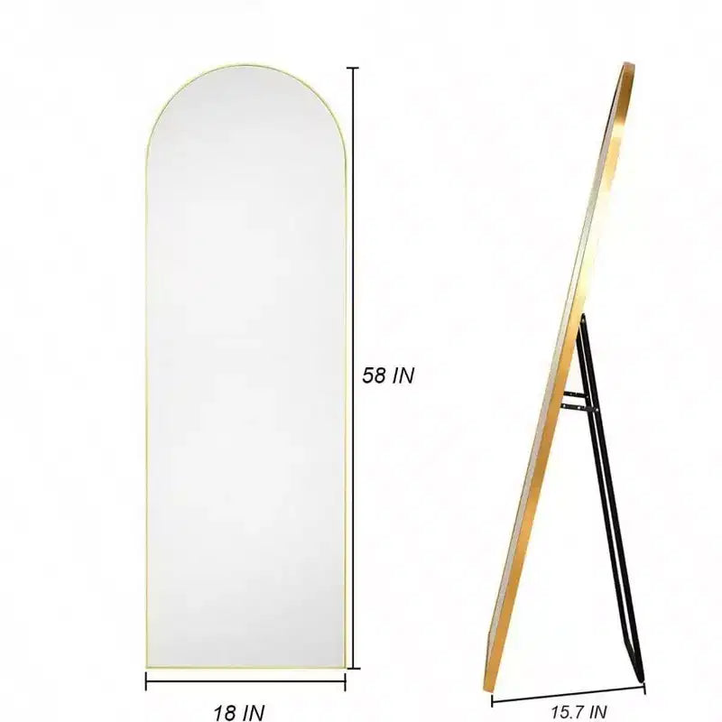 Miroir arqué doré 58x18 avec support. Miroir autoportant pleine longueur avec cadre léger en aluminium