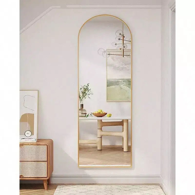 Miroir arqué doré 58x18 avec support. Miroir autoportant pleine longueur avec cadre léger en aluminium