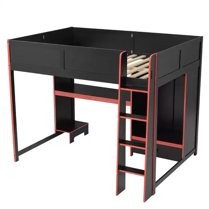 Lit mezzanine de jeu Luxystar en bois pleine grandeur avec bureau intégré, armoire, LED et tiroir, Noir+Rouge