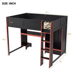 Lit mezzanine de jeu Luxystar en bois pleine grandeur avec bureau intégré, armoire, LED et tiroir, Noir+Rouge