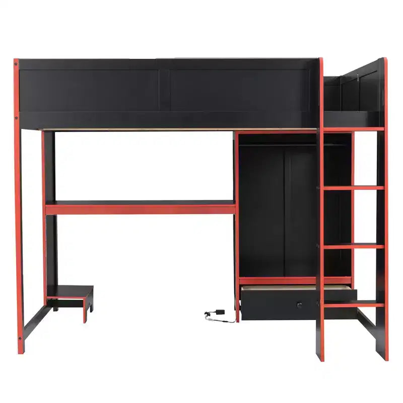 Lit mezzanine de jeu Luxystar en bois pleine grandeur avec bureau intégré, armoire, LED et tiroir, Noir+Rouge