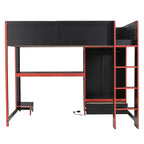 Lit mezzanine de jeu Luxystar en bois pleine grandeur avec bureau intégré, armoire, LED et tiroir, Noir+Rouge