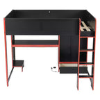 Lit mezzanine de jeu Luxystar en bois pleine grandeur avec bureau intégré, armoire, LED et tiroir, Noir+Rouge