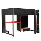Lit mezzanine de jeu Luxystar en bois pleine grandeur avec bureau intégré, armoire, LED et tiroir, Noir+Rouge