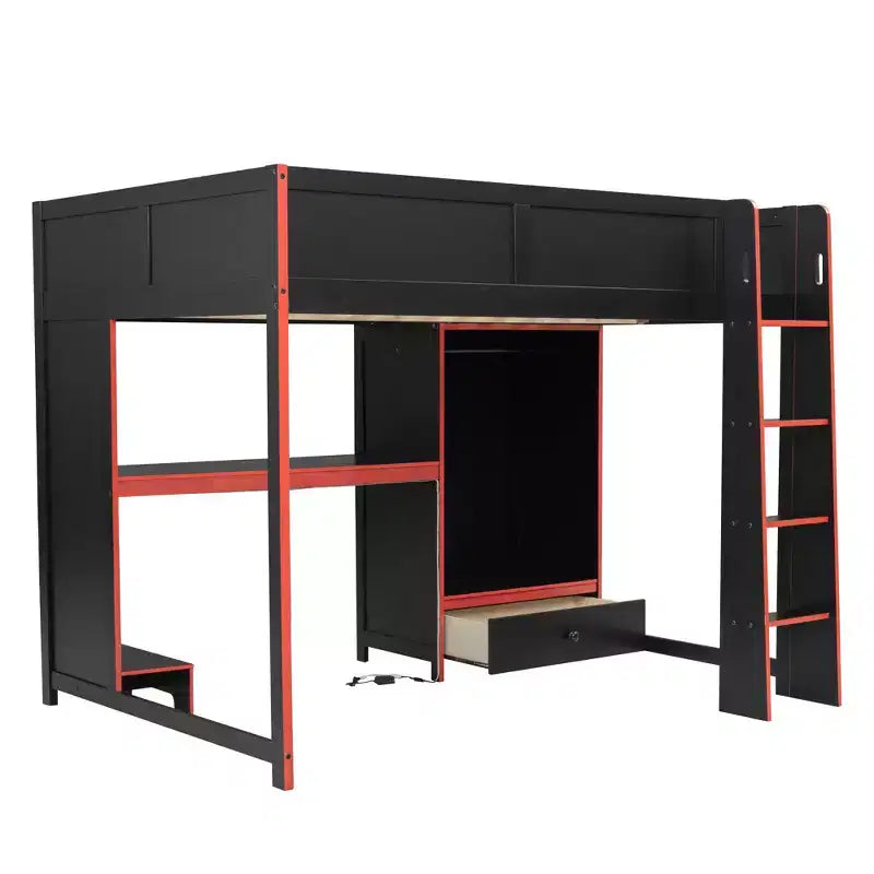 Lit mezzanine de jeu Luxystar en bois pleine grandeur avec bureau intégré, armoire, LED et tiroir, Noir+Rouge