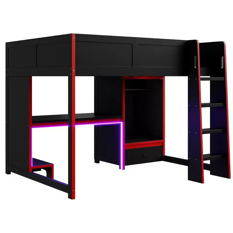 Lit mezzanine de jeu Luxystar en bois pleine grandeur avec bureau intégré, armoire, LED et tiroir, Noir+Rouge