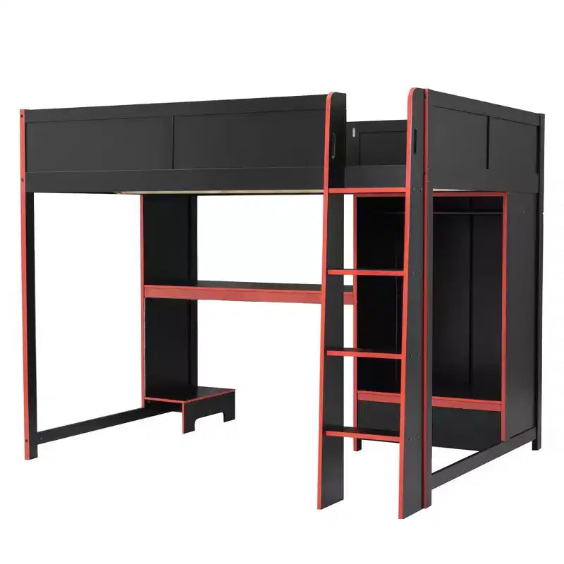 Lit mezzanine de jeu Luxystar en bois pleine grandeur avec bureau intégré, armoire, LED et tiroir, Noir+Rouge