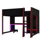 Lit mezzanine de jeu Luxystar en bois pleine grandeur avec bureau intégré, armoire, LED et tiroir, Noir+Rouge