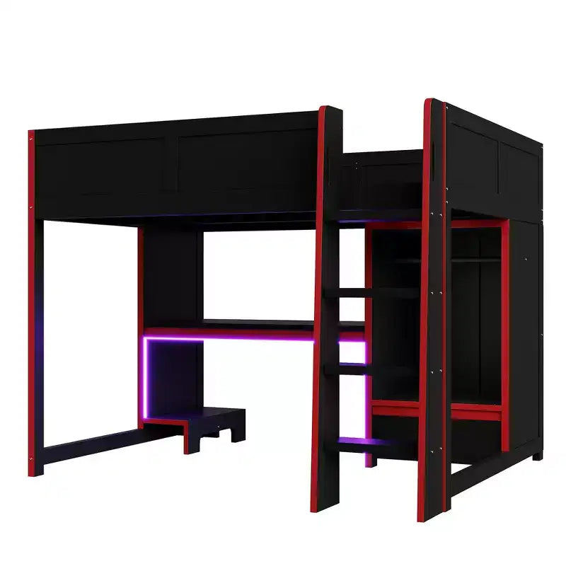 Lit mezzanine de jeu Luxystar en bois pleine grandeur avec bureau intégré, armoire, LED et tiroir, Noir+Rouge