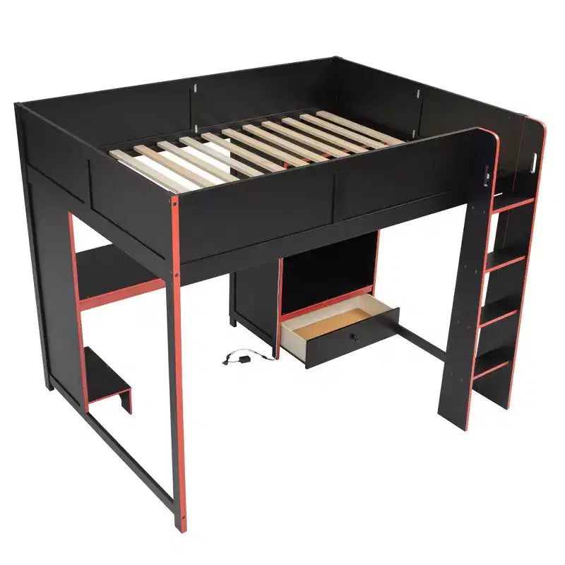 Lit mezzanine de jeu Luxystar en bois pleine grandeur avec bureau intégré, armoire, LED et tiroir, Noir+Rouge