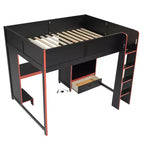 Lit mezzanine de jeu Luxystar en bois pleine grandeur avec bureau intégré, armoire, LED et tiroir, Noir+Rouge