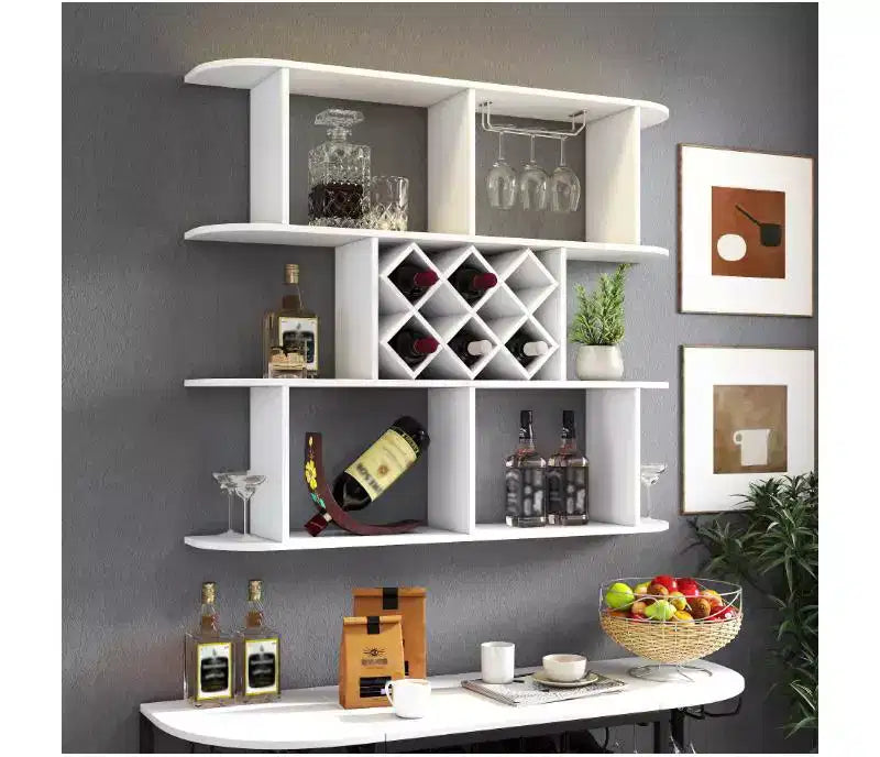 Range-bouteilles mural rustique gris à 3 niveaux avec porte-verres - Idéal pour un bar à la maison ou un restaurant