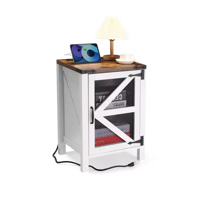 Farmhouse Nightstand with Charging Station, Wood Side Table, End Table with Adjustable Shelf, Rustic Bedside Cabinet with Mesh Barn Door