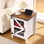 Table de chevet de ferme avec station de recharge, table d'appoint en bois, table d'appoint avec étagère réglable, armoire de chevet rustique avec porte de grange en maille