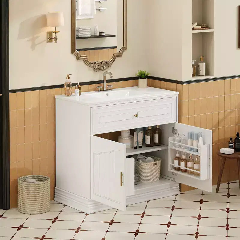Meuble sous vasque 36 pouces avec rangement, meuble de salle de bain en bois avec portes à fermeture amortie et étagère