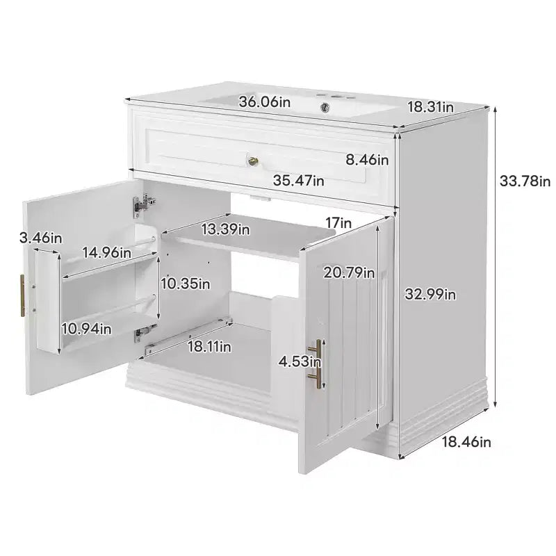 Meuble sous vasque 36 pouces avec rangement, meuble de salle de bain en bois avec portes à fermeture amortie et étagère