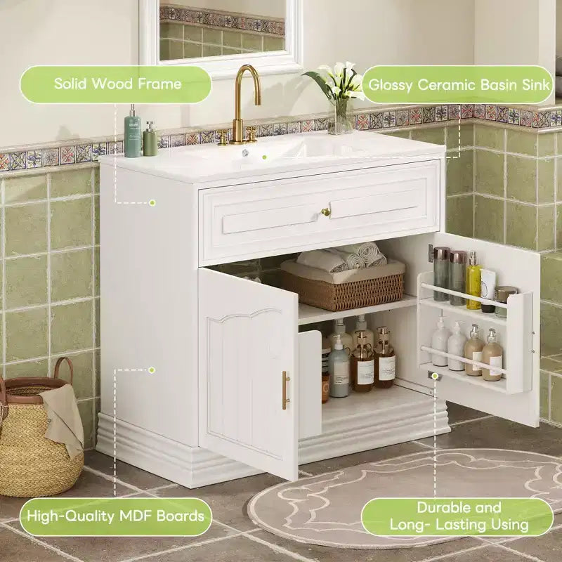 Meuble sous vasque 36 pouces avec rangement, meuble de salle de bain en bois avec portes à fermeture amortie et étagère