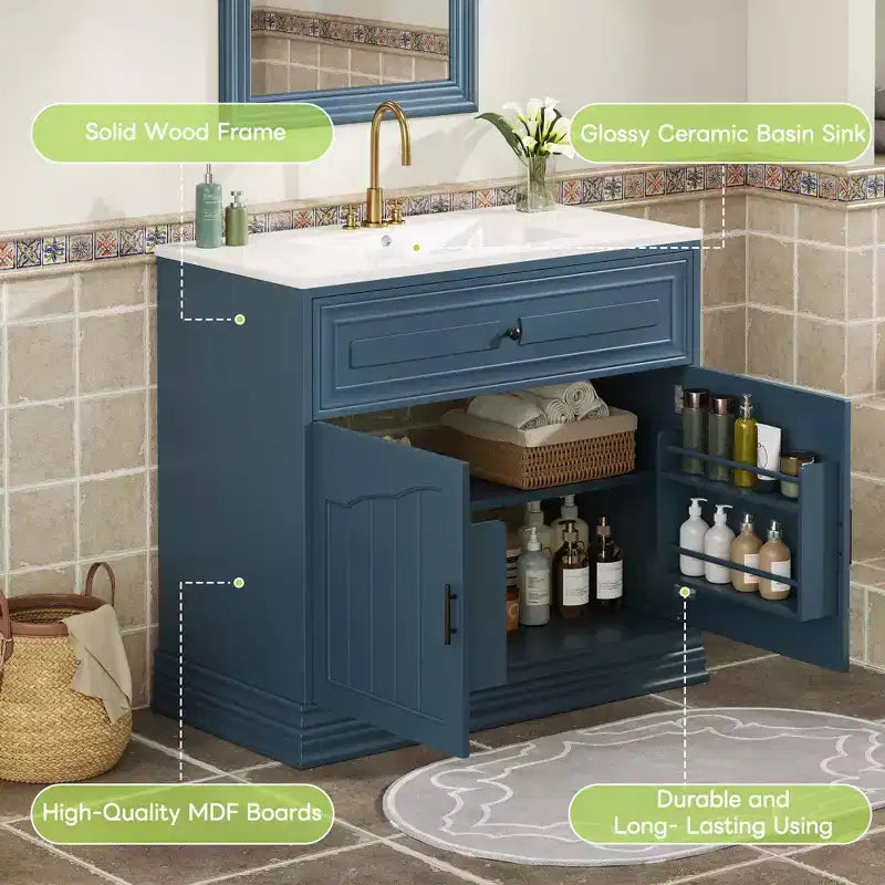 Meuble sous vasque 36 pouces avec rangement, meuble de salle de bain en bois avec portes à fermeture amortie et étagère