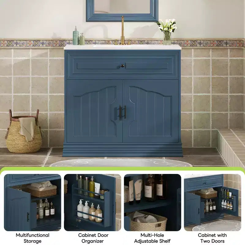 Meuble sous vasque 36 pouces avec rangement, meuble de salle de bain en bois avec portes à fermeture amortie et étagère