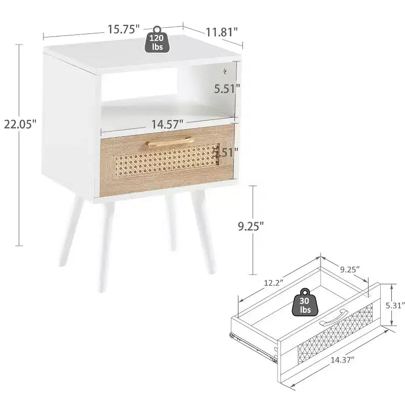 TUYOHW Table de Chevet en Rotin 40 cm avec Tiroir Tressé, Table d'Appoint avec Étagère Ouverte, Table d'appoint en Bois pour Salon, Chambre à Coucher