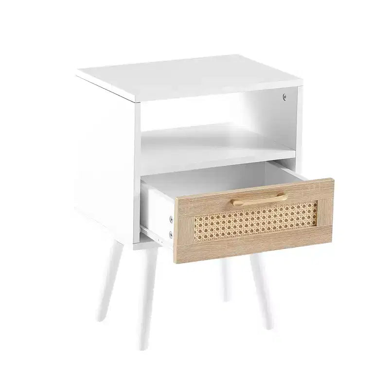 TUYOHW Table de Chevet en Rotin 40 cm avec Tiroir Tressé, Table d'Appoint avec Étagère Ouverte, Table d'appoint en Bois pour Salon, Chambre à Coucher
