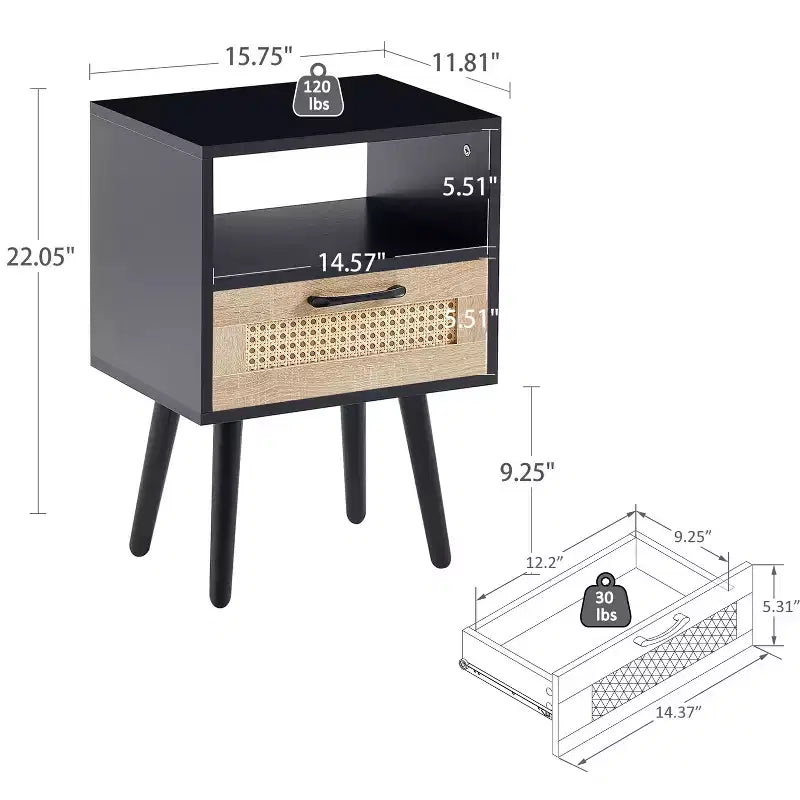 TUYOHW Table de Chevet en Rotin 40 cm avec Tiroir Tressé, Table d'Appoint avec Étagère Ouverte, Table d'appoint en Bois pour Salon, Chambre à Coucher