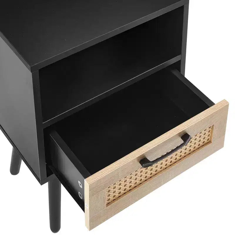 TUYOHW Table de Chevet en Rotin 40 cm avec Tiroir Tressé, Table d'Appoint avec Étagère Ouverte, Table d'appoint en Bois pour Salon, Chambre à Coucher