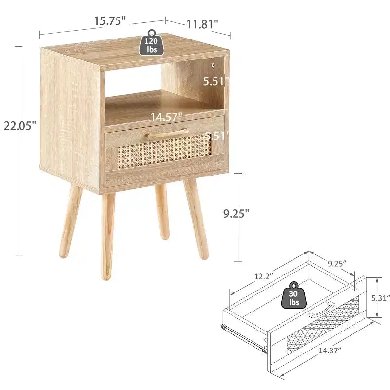 TUYOHW Table de Chevet en Rotin 40 cm avec Tiroir Tressé, Table d'Appoint avec Étagère Ouverte, Table d'appoint en Bois pour Salon, Chambre à Coucher
