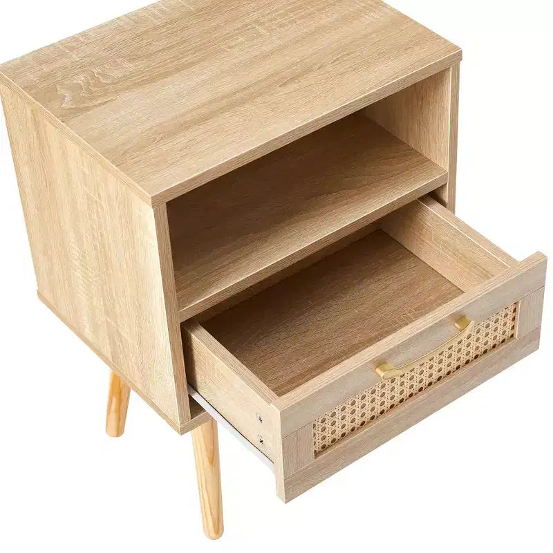 TUYOHW Table de Chevet en Rotin 40 cm avec Tiroir Tressé, Table d'Appoint avec Étagère Ouverte, Table d'appoint en Bois pour Salon, Chambre à Coucher