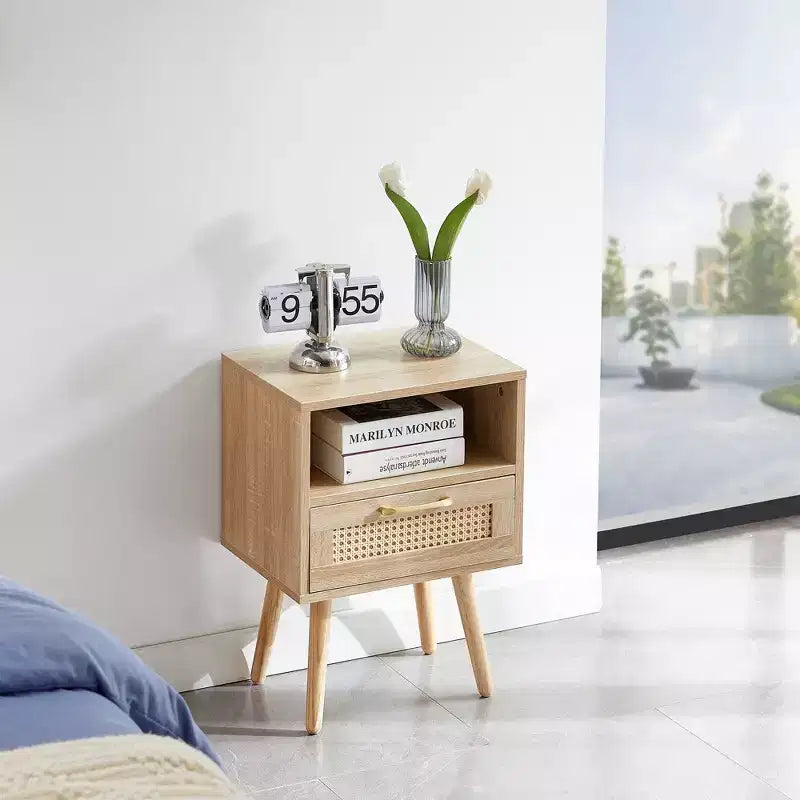 TUYOHW Table de Chevet en Rotin 40 cm avec Tiroir Tressé, Table d'Appoint avec Étagère Ouverte, Table d'appoint en Bois pour Salon, Chambre à Coucher