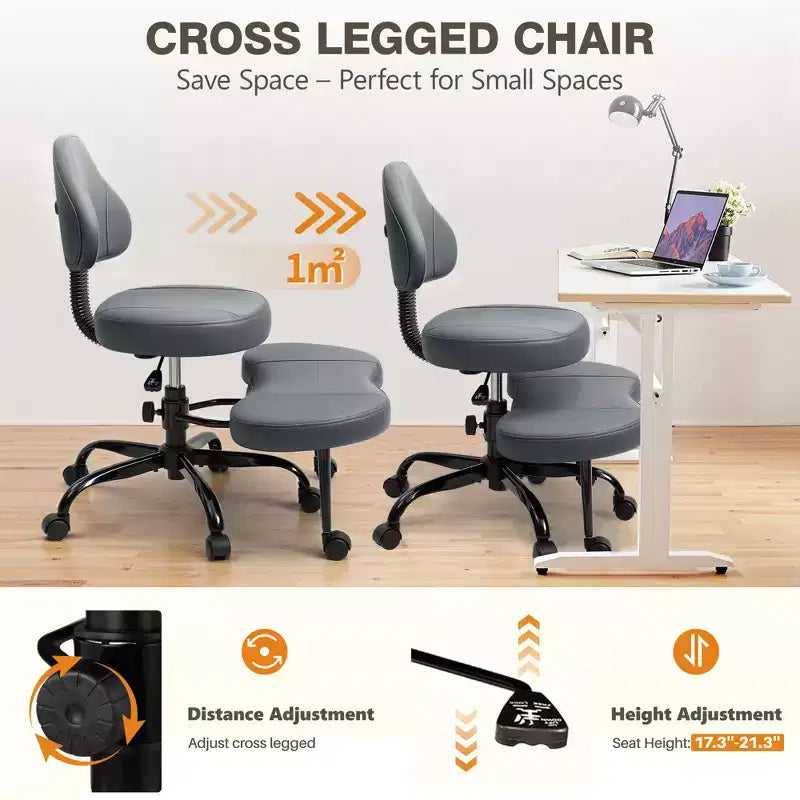 Chaise de bureau à jambes croisées KERDOM, chaise de yoga à genoux pour méditation et TDAH, réglable en hauteur, avec support lombaire, repose-pieds élargi et roulettes, noir