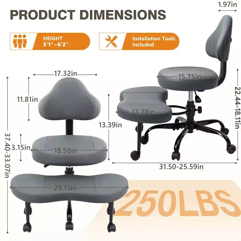 Chaise de bureau à jambes croisées KERDOM, chaise de yoga à genoux pour méditation et TDAH, réglable en hauteur, avec support lombaire, repose-pieds élargi et roulettes, noir