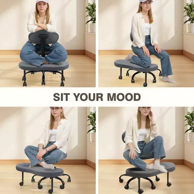 Chaise de bureau à jambes croisées KERDOM, chaise de yoga à genoux pour méditation et TDAH, réglable en hauteur, avec support lombaire, repose-pieds élargi et roulettes, noir