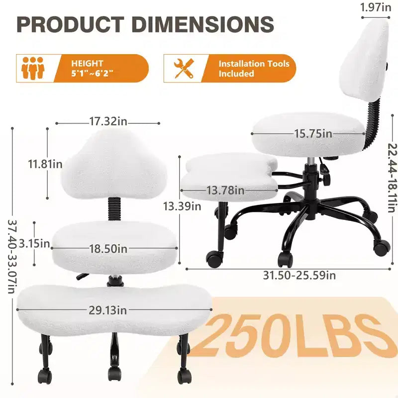 Chaise de bureau à jambes croisées KERDOM, chaise de yoga à genoux pour méditation et TDAH, réglable en hauteur, avec support lombaire, repose-pieds élargi et roulettes, noir