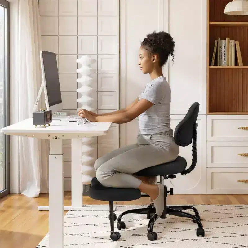 Chaise de bureau à jambes croisées KERDOM, chaise de yoga à genoux pour méditation et TDAH, réglable en hauteur, avec support lombaire, repose-pieds élargi et roulettes, noir