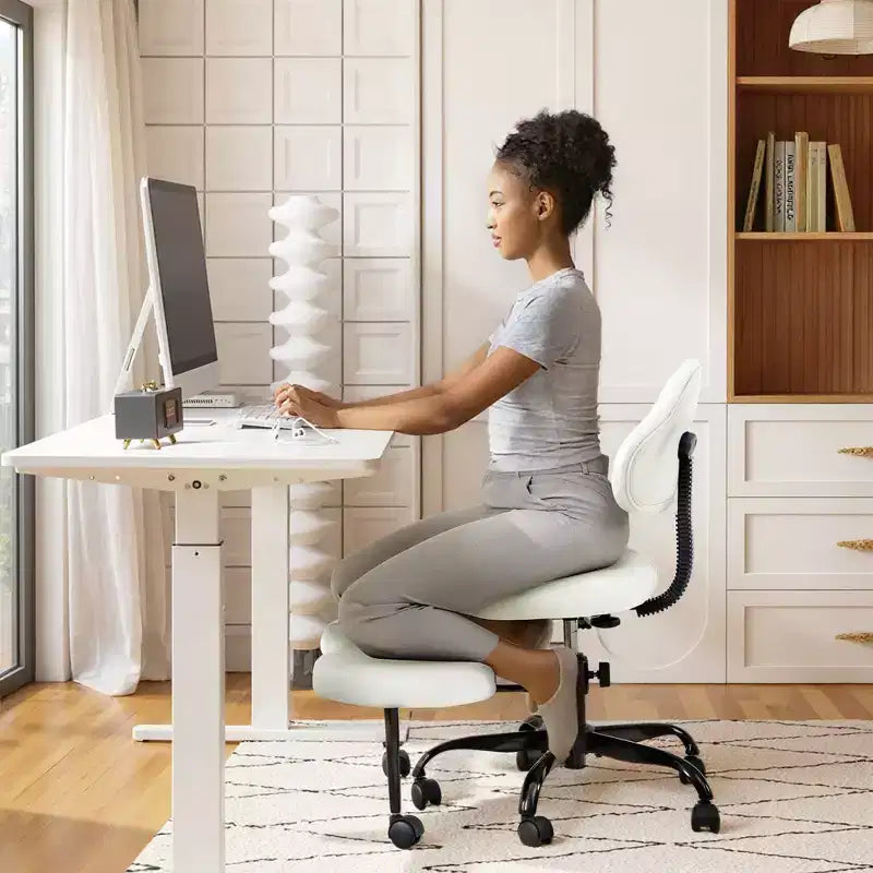 Chaise de bureau à jambes croisées KERDOM, chaise de yoga à genoux pour méditation et TDAH, réglable en hauteur, avec support lombaire, repose-pieds élargi et roulettes, noir