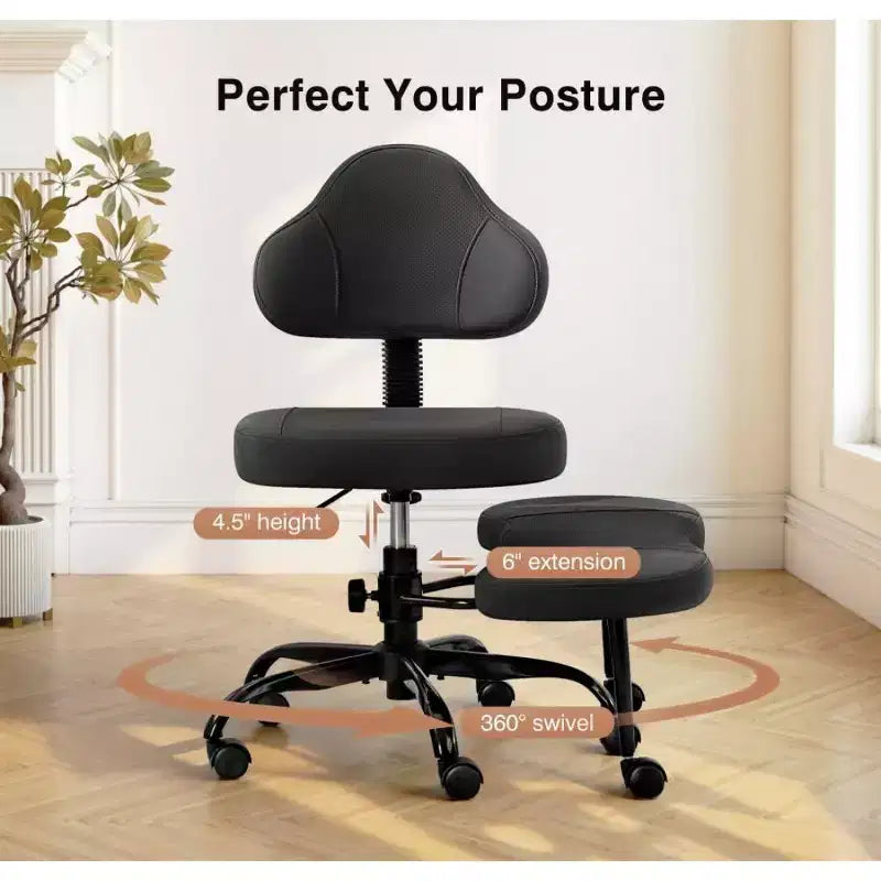Chaise de bureau à jambes croisées KERDOM, chaise de yoga à genoux pour méditation et TDAH, réglable en hauteur, avec support lombaire, repose-pieds élargi et roulettes, noir