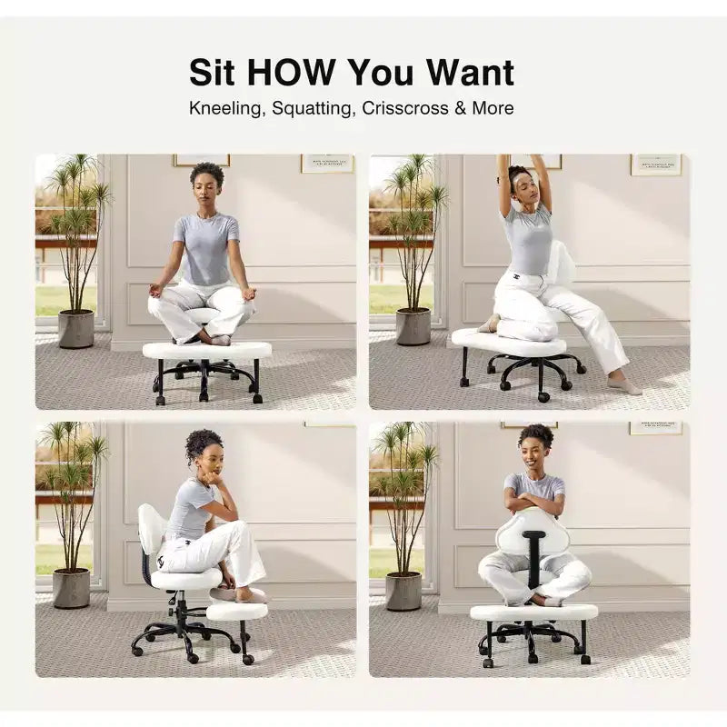 Chaise de bureau à jambes croisées KERDOM, chaise de yoga à genoux pour méditation et TDAH, réglable en hauteur, avec support lombaire, repose-pieds élargi et roulettes, noir