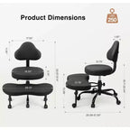 Chaise de bureau à jambes croisées KERDOM, chaise de yoga à genoux pour méditation et TDAH, réglable en hauteur, avec support lombaire, repose-pieds élargi et roulettes, noir