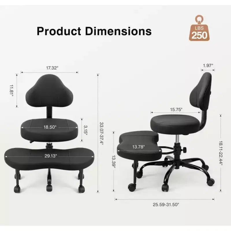 Chaise de bureau à jambes croisées KERDOM, chaise de yoga à genoux pour méditation et TDAH, réglable en hauteur, avec support lombaire, repose-pieds élargi et roulettes, noir