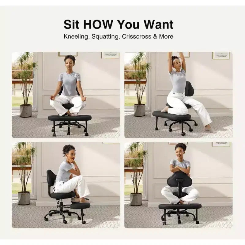 Chaise de bureau à jambes croisées KERDOM, chaise de yoga à genoux pour méditation et TDAH, réglable en hauteur, avec support lombaire, repose-pieds élargi et roulettes, noir